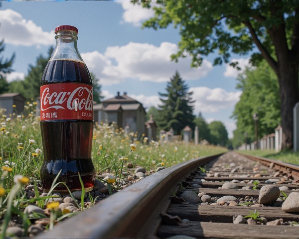 Coca-Cola Bottle on Railway Track with Natural Setting