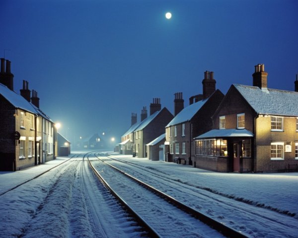 Snowy Railway Line Through Village at Night