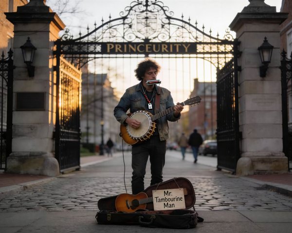 Male Busker Playing Banjo and Harmonica at Sunset