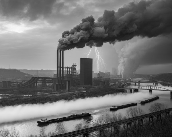Industrial Cityscape at Twilight with Lightning Storm