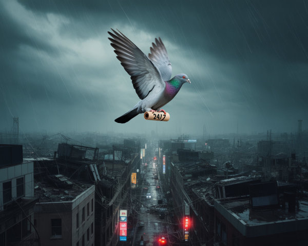 Pigeon in Stormy Sky Over Urban Decay and Hope