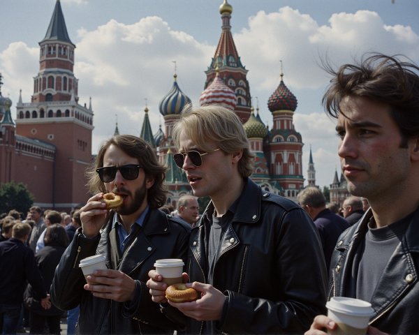 Young men with coffee near St. Basil's Cathedral