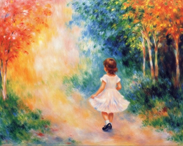 Young girl in white dress on autumn path