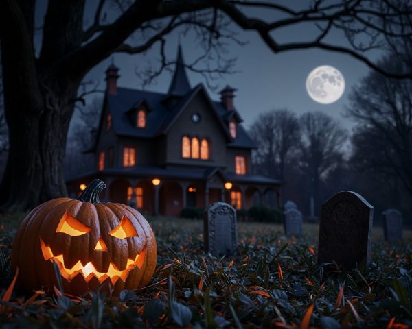 Haunted House with Glowing Windows and Carved Pumpkin