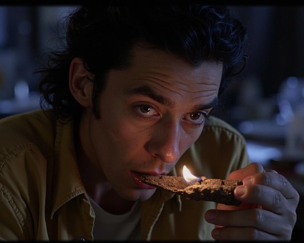 Young man studying a burning piece of wood in dim light
