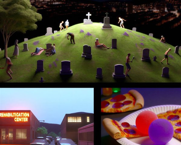 Nighttime Graveyard Scene with People and Objects