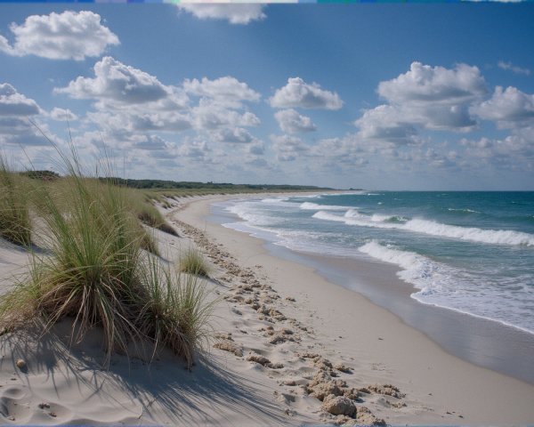 Tranquil Beach Scene with Golden Sands and Blue Sky