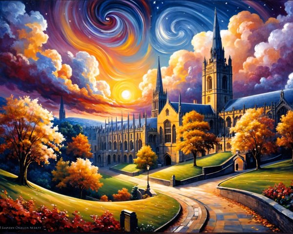 Majestic Cathedral in Vibrant Landscape at Sunset