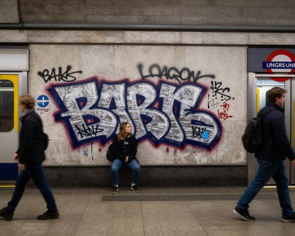 Graffiti on Subway Wall with Woman and Passersby