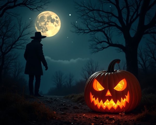 Carved Pumpkin Illuminates Spooky Halloween Scene