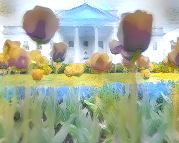 Vibrant Garden of Tulips with Grand White Building