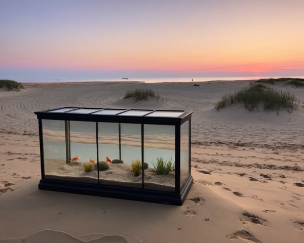 Wide Aquarium on Sunset Beach with Dusk Sky Colors
