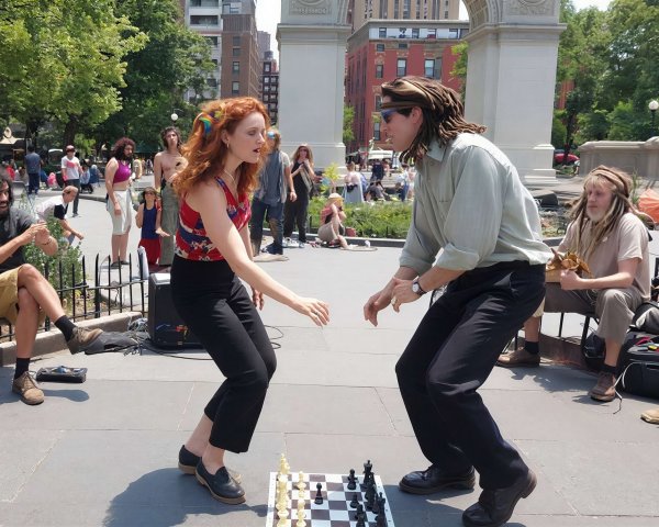 Street Performers Dance on Chess Board in Park