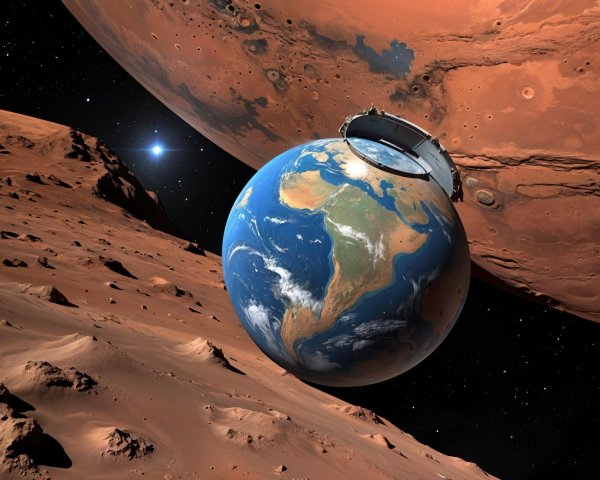 Surreal Space Scene with Earth and Mars Close-Up