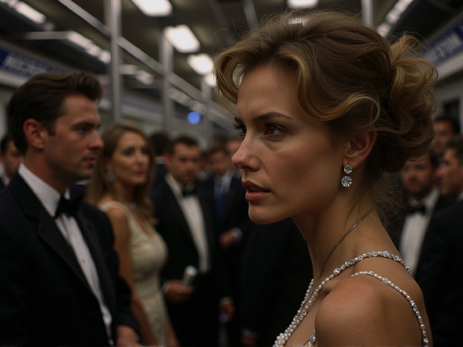 Elegant Woman in Gown in Dim Subway Car Scene