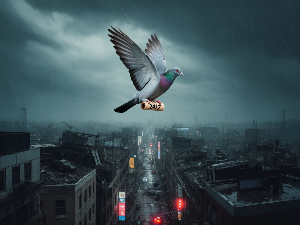 Pigeon in Stormy Sky Over Urban Decay and Hope