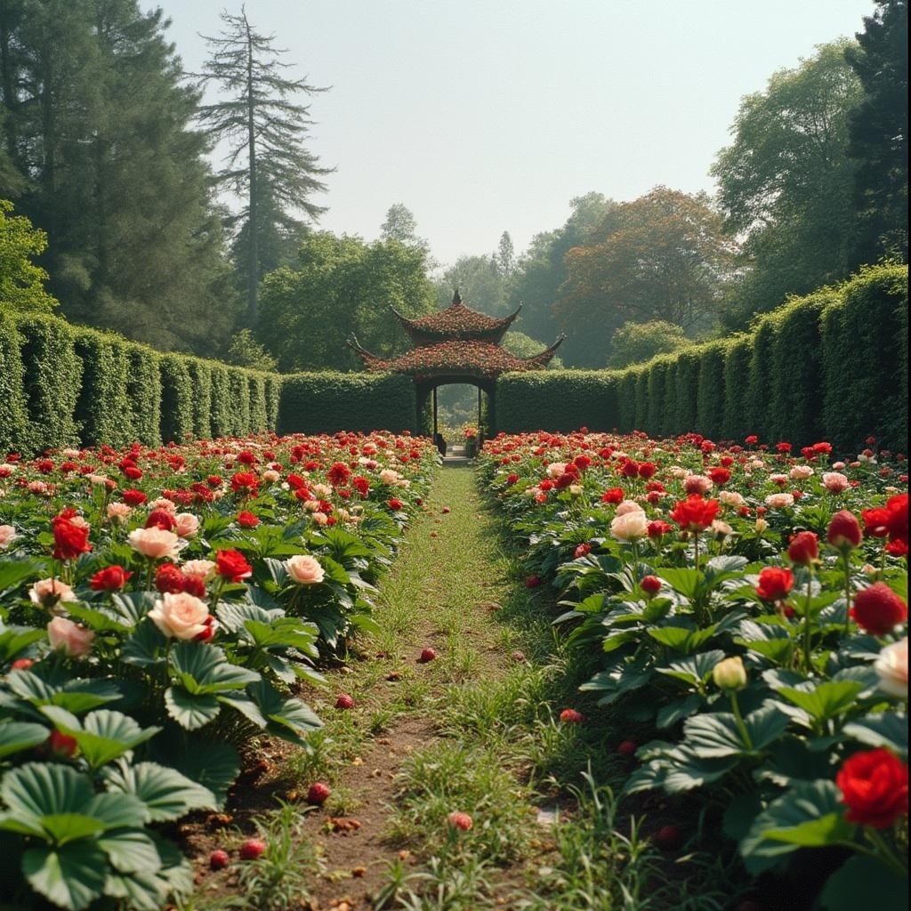 Serene Garden Path with Red Roses and Pagoda