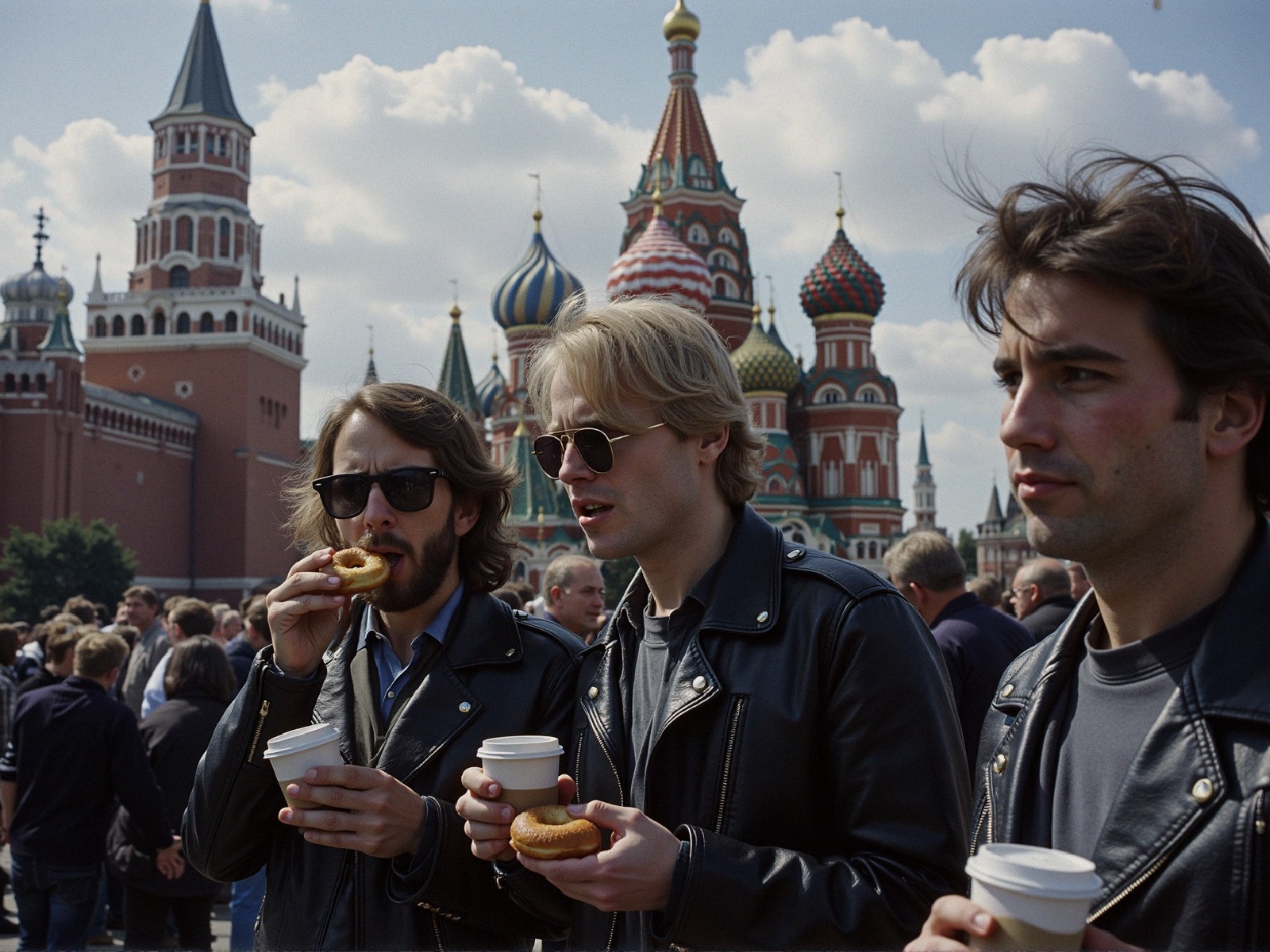 Young men with coffee near St. Basil's Cathedral