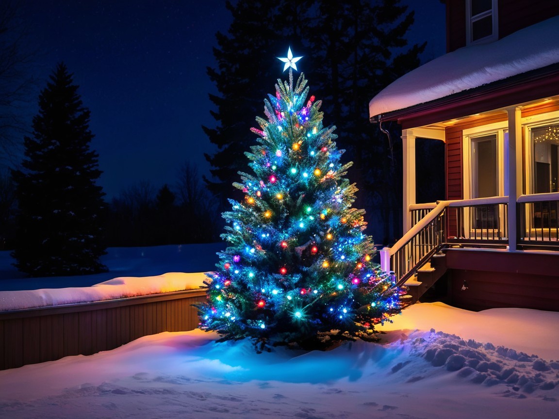 Decorated Christmas Tree in Snowy Winter Landscape