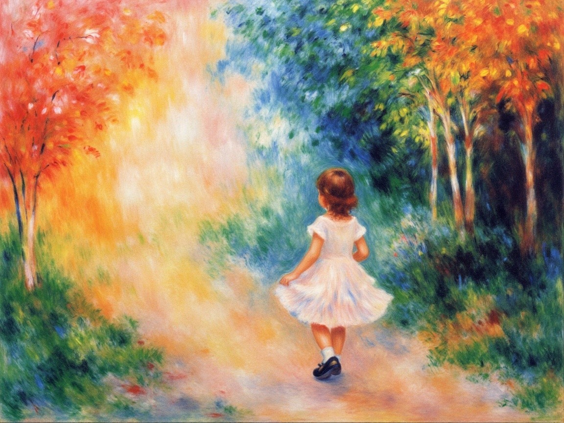 Young girl in white dress on autumn path