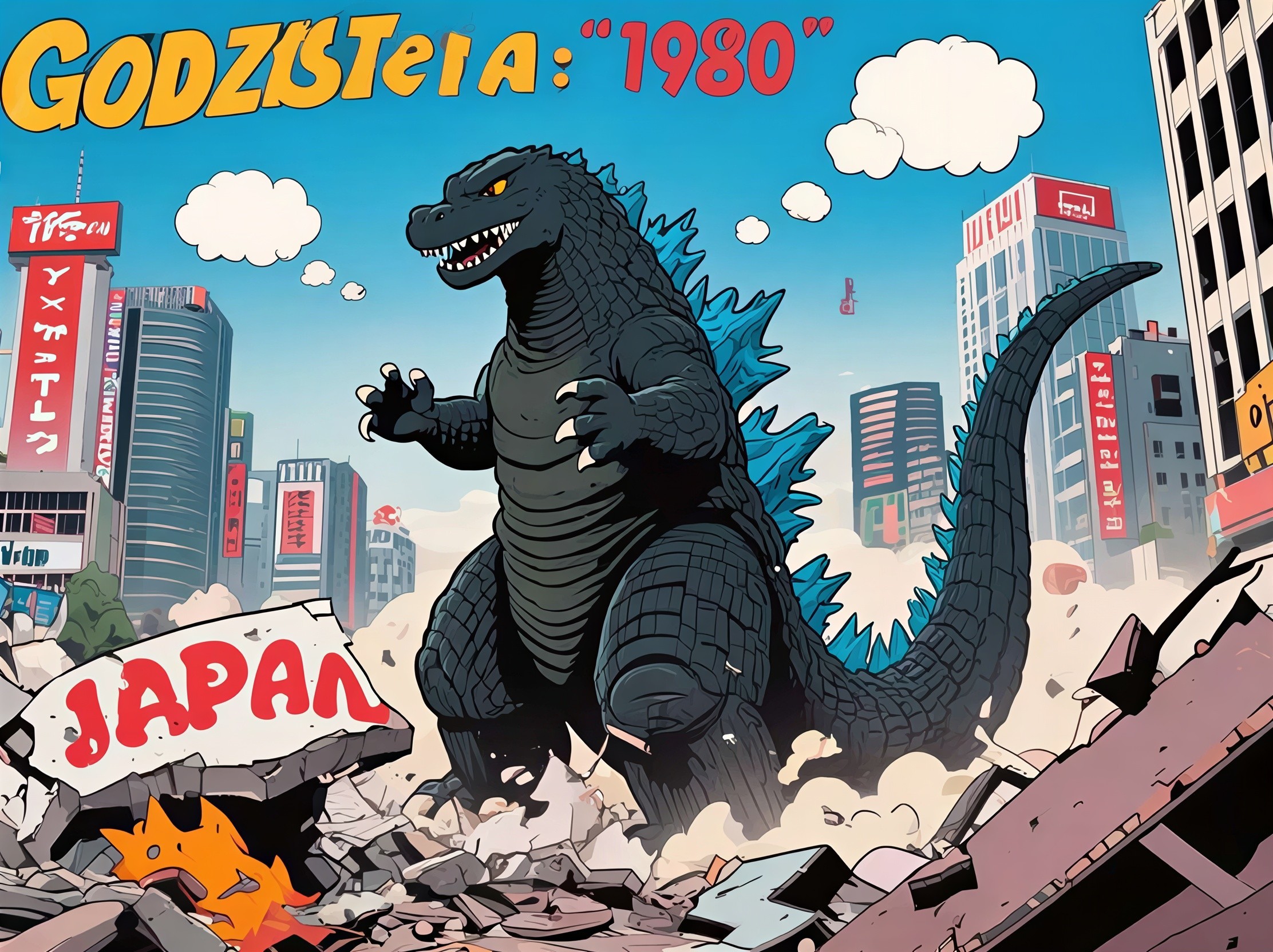 Colossal Dark Gray Godzilla in Destroyed Cityscape