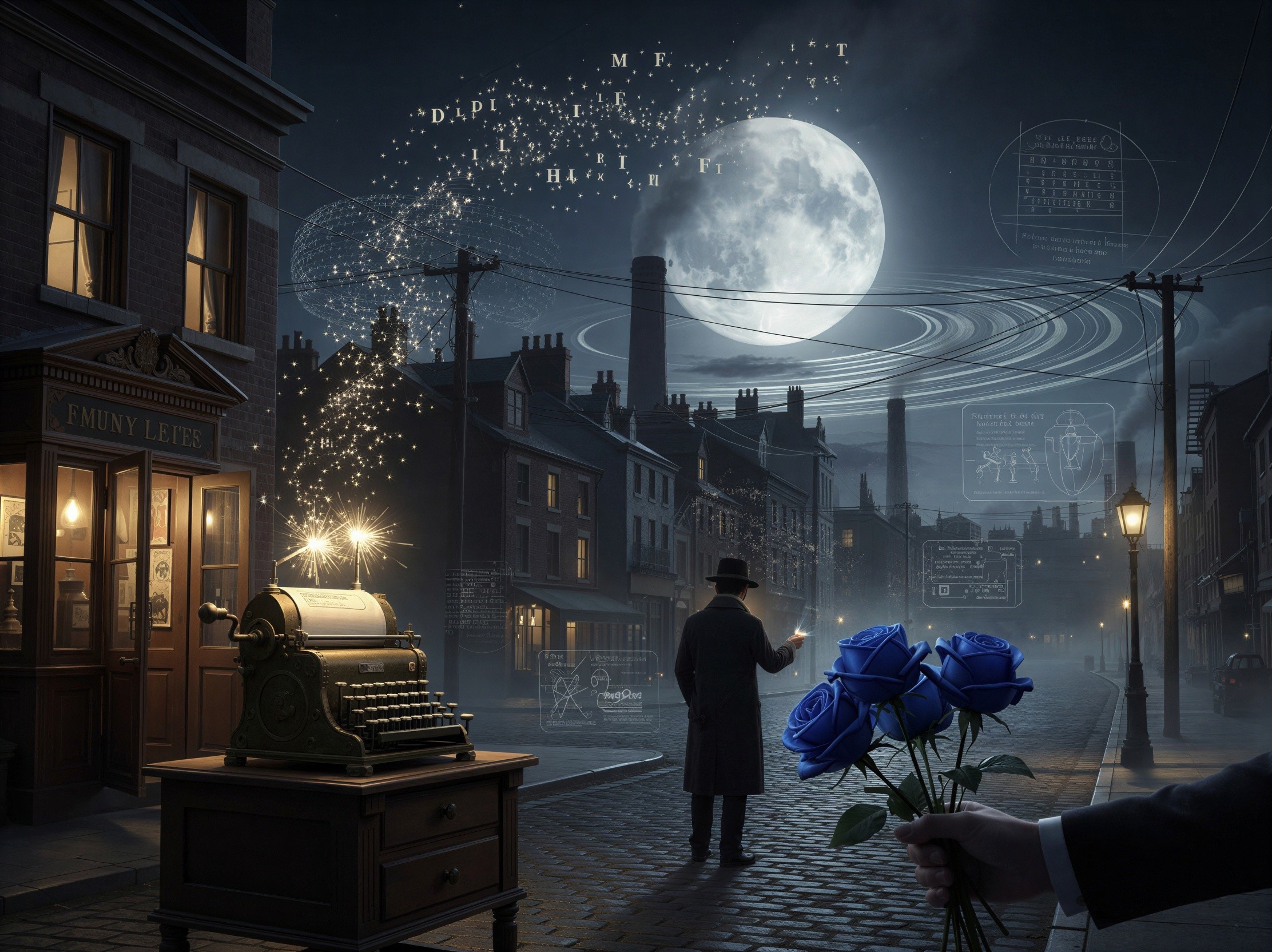 Steampunk Fantasy Night Scene with Moon and Roses