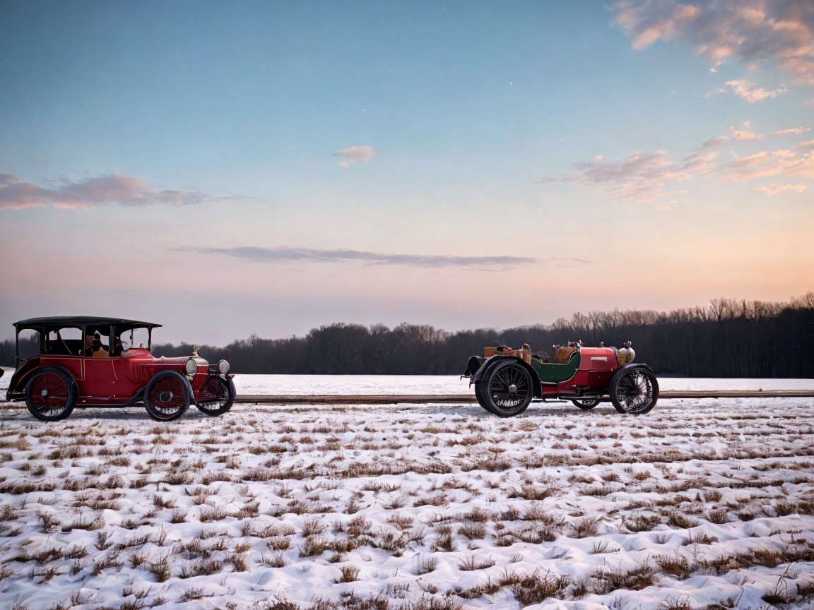 Vintage Cars in a Snowy Field at Dusk