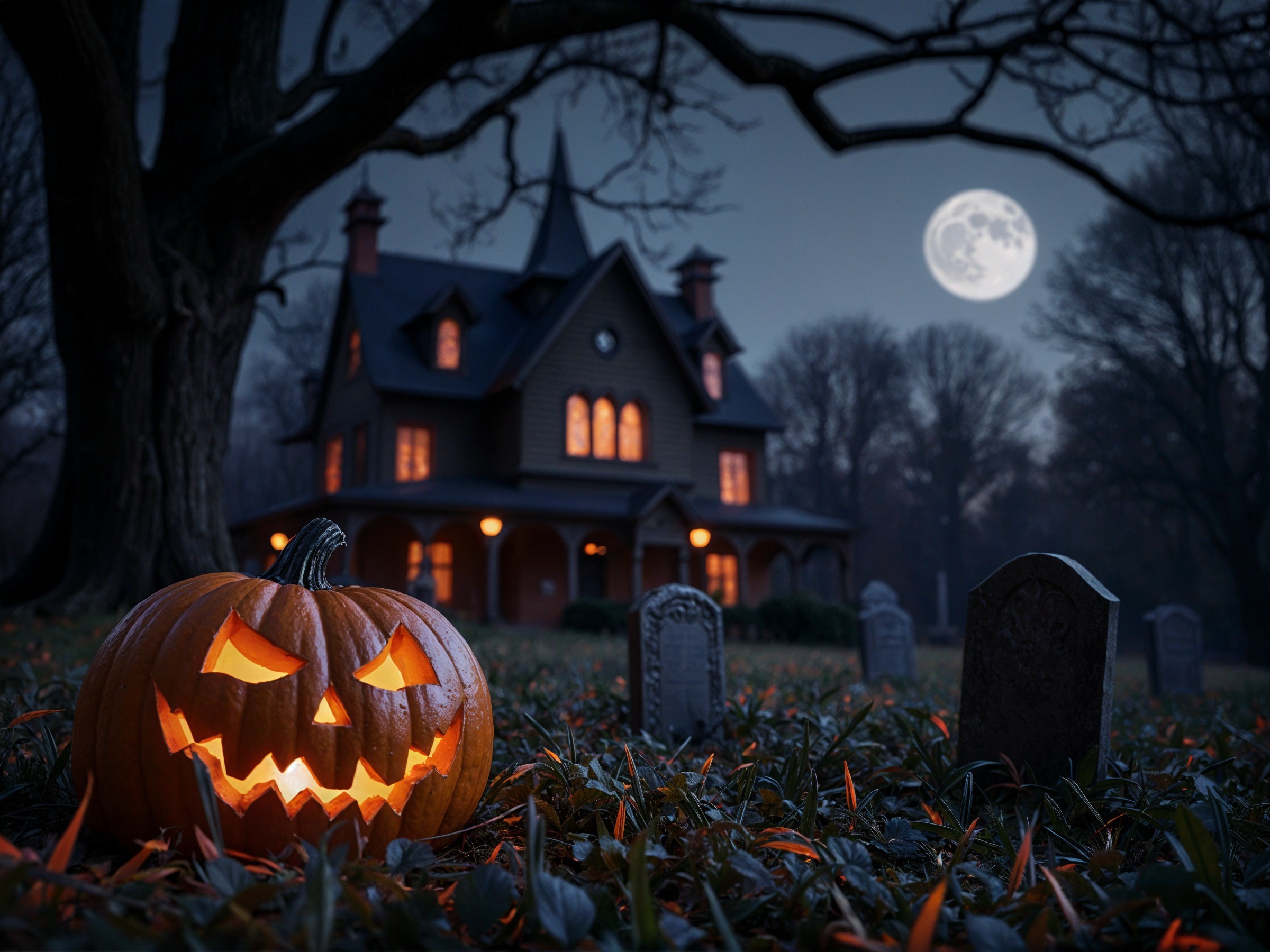 Haunted House with Glowing Windows and Carved Pumpkin