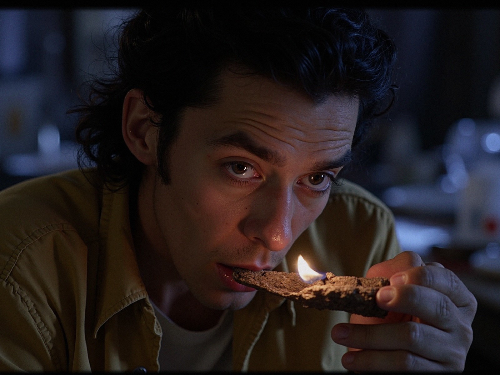 Young man studying a burning piece of wood in dim light