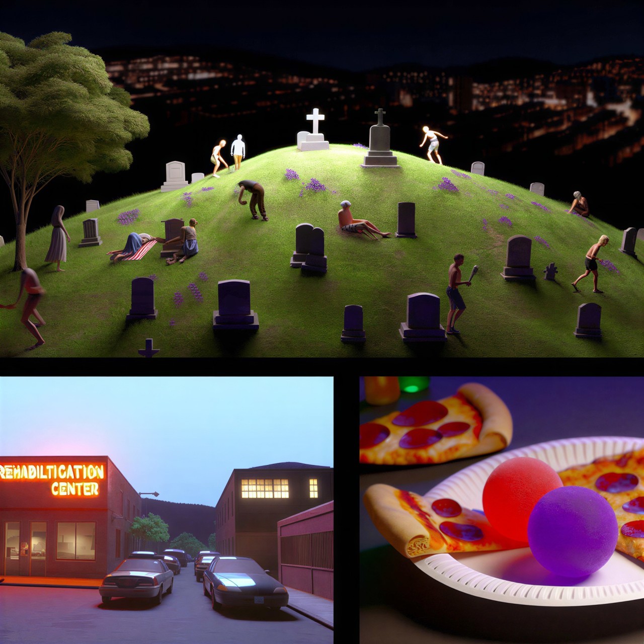 Nighttime Graveyard Scene with People and Objects