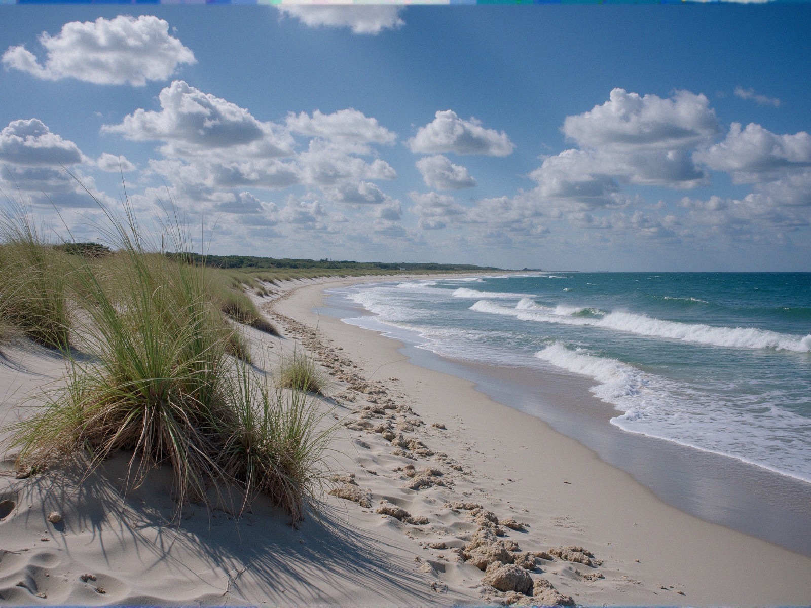 Tranquil Beach Scene with Golden Sands and Blue Sky