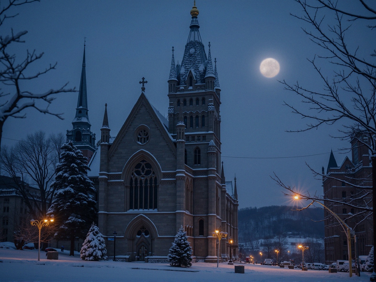 Majestic Church in Snowy Landscape at Twilight