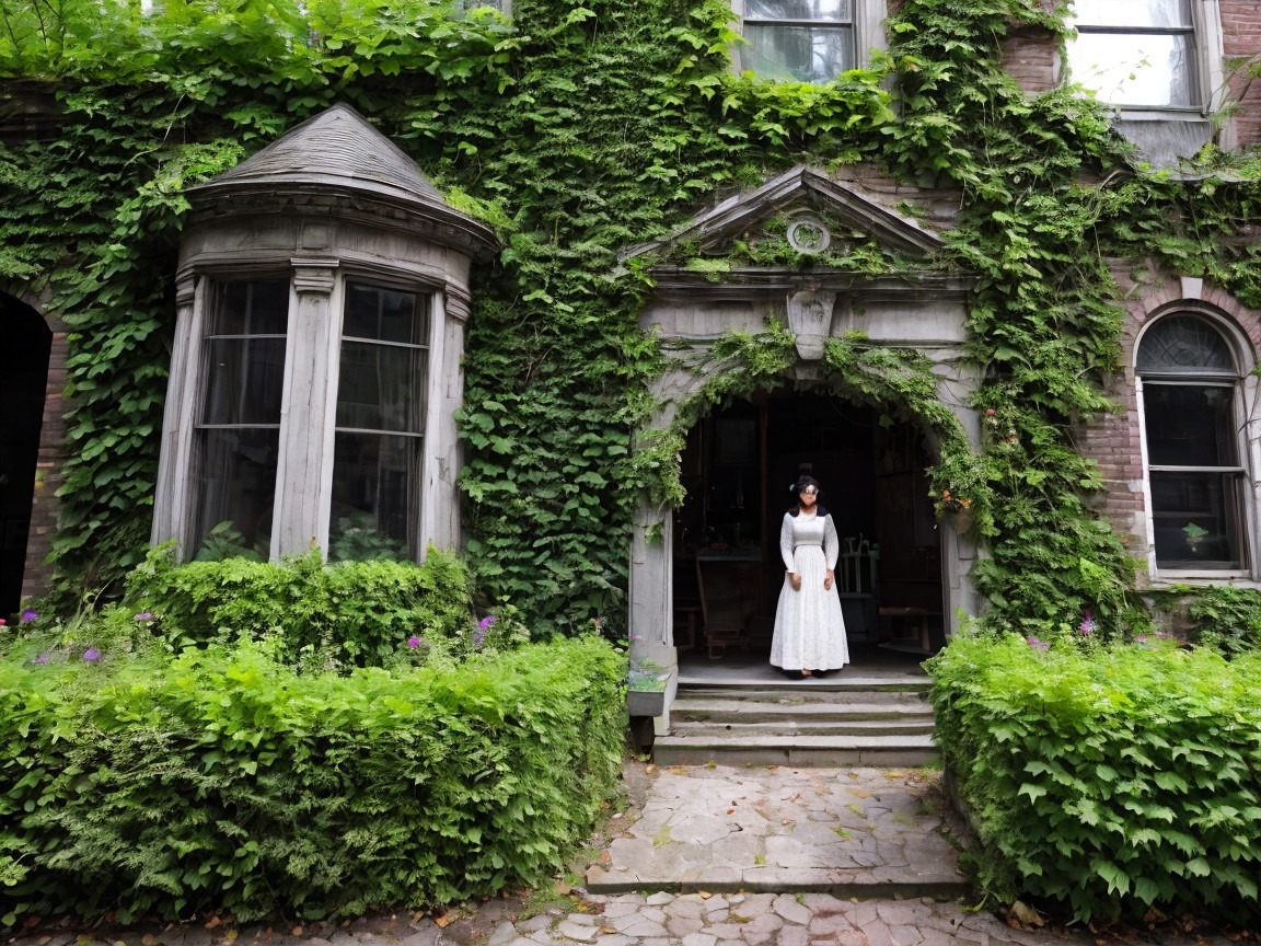 Vintage White Dress at Ivy-Covered Historic Building