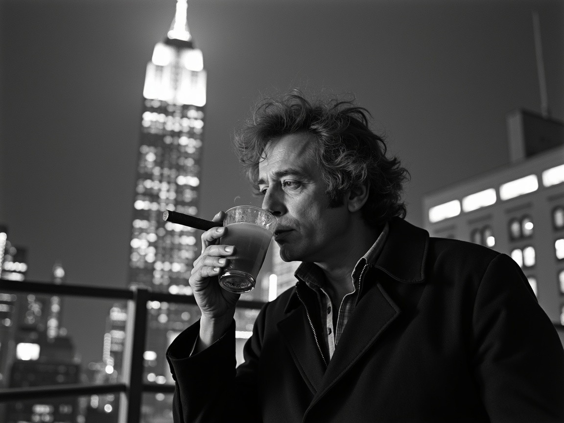 Contemplative Man on Rooftop with Empire State Building