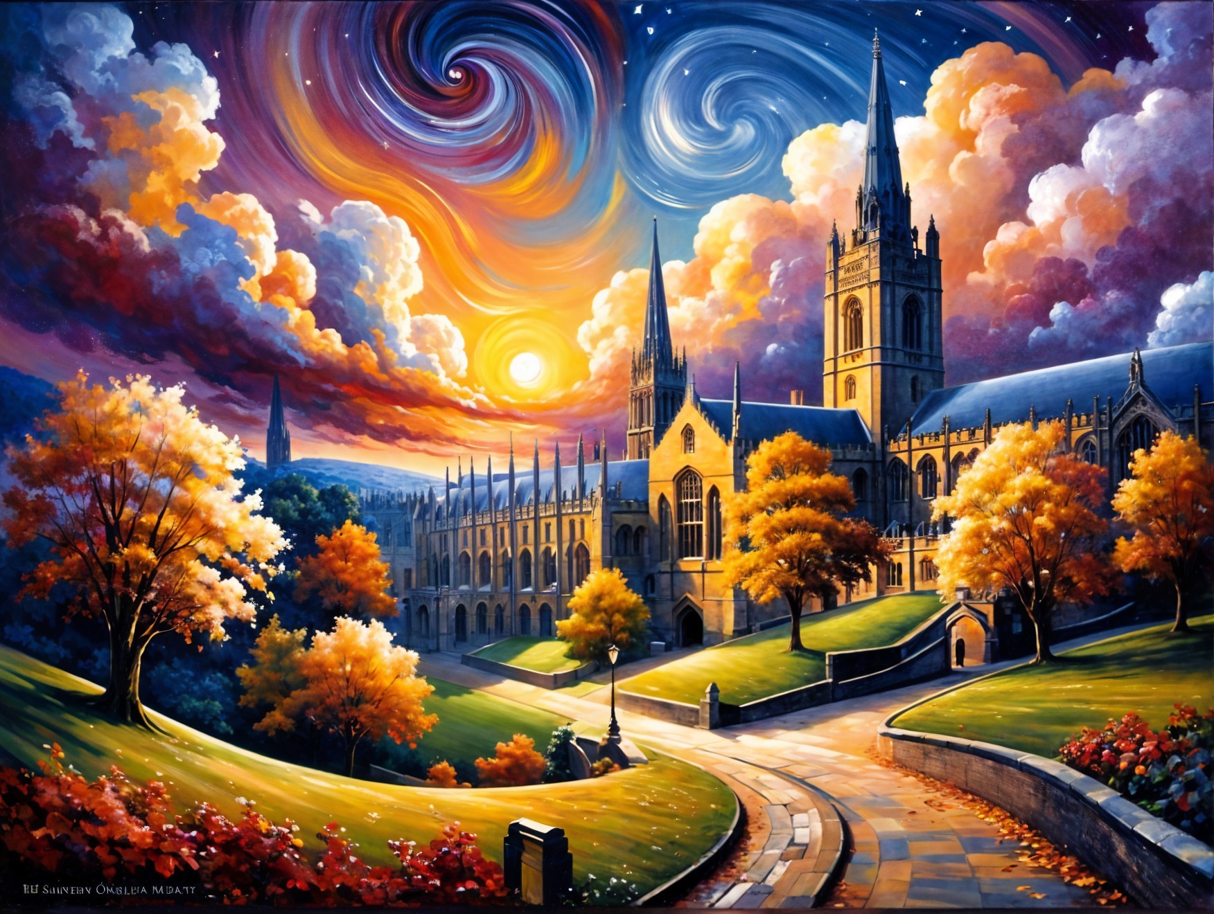 Majestic Cathedral in Vibrant Landscape at Sunset