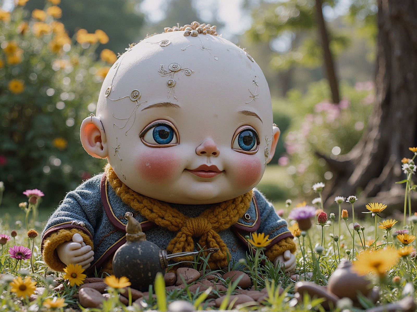 Oversized Doll Surrounded by Colorful Flowers in Garden