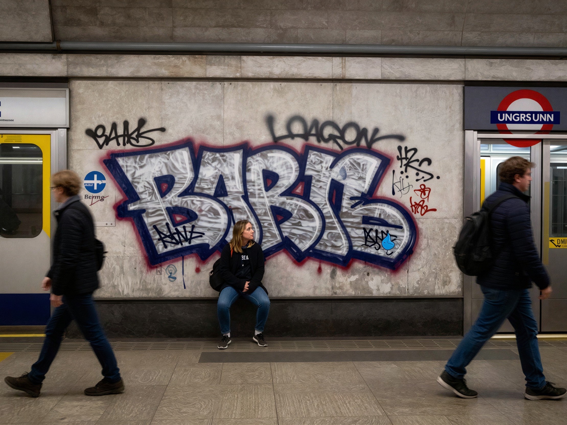 Graffiti on Subway Wall with Woman and Passersby