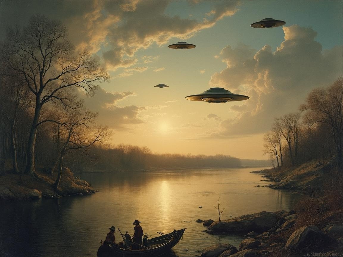 Tranquil River at Sunset with UFOs Above