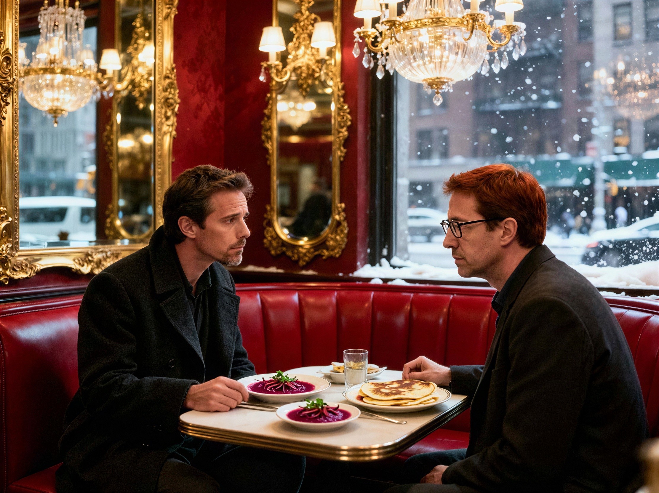 Men Dining at a Small Table in Dimly Lit Restaurant