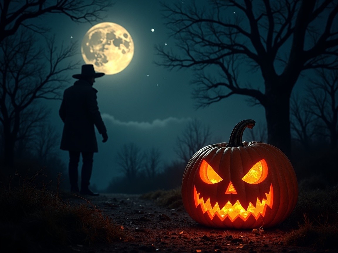 Carved Pumpkin Illuminates Spooky Halloween Scene