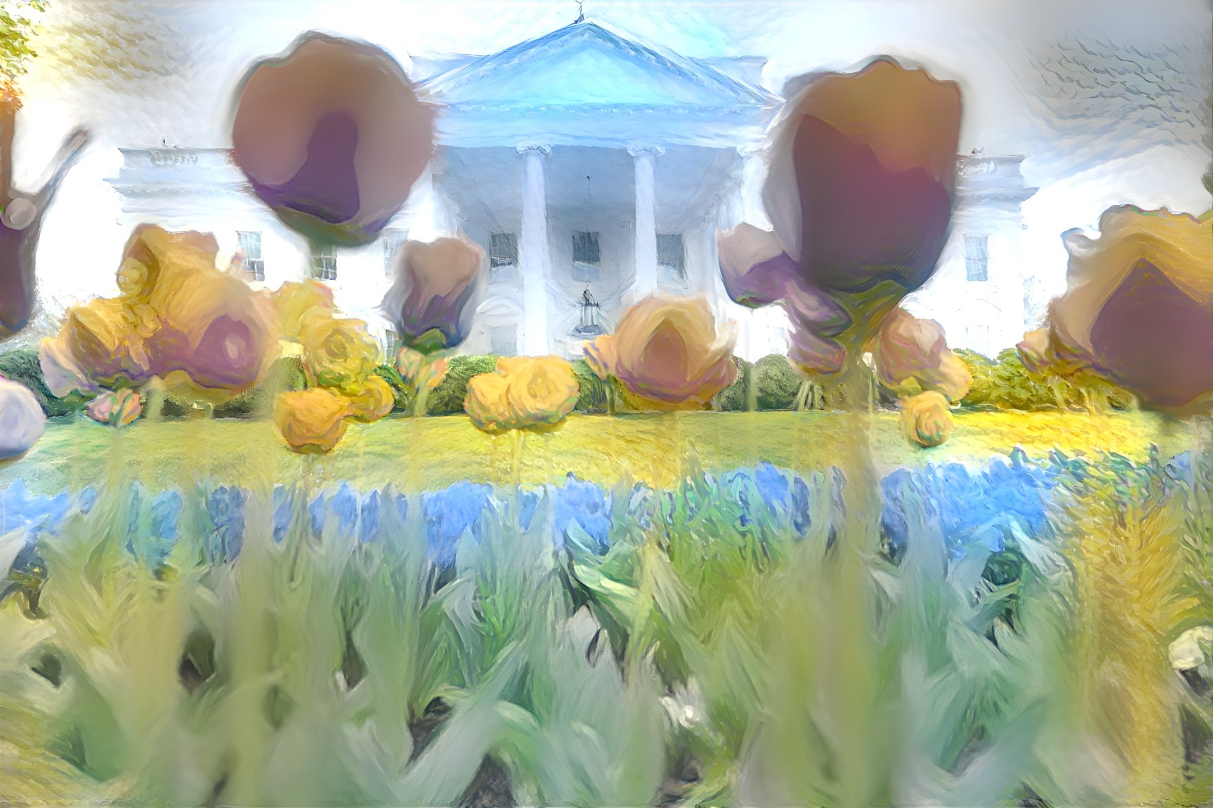 Vibrant Garden of Tulips with Grand White Building