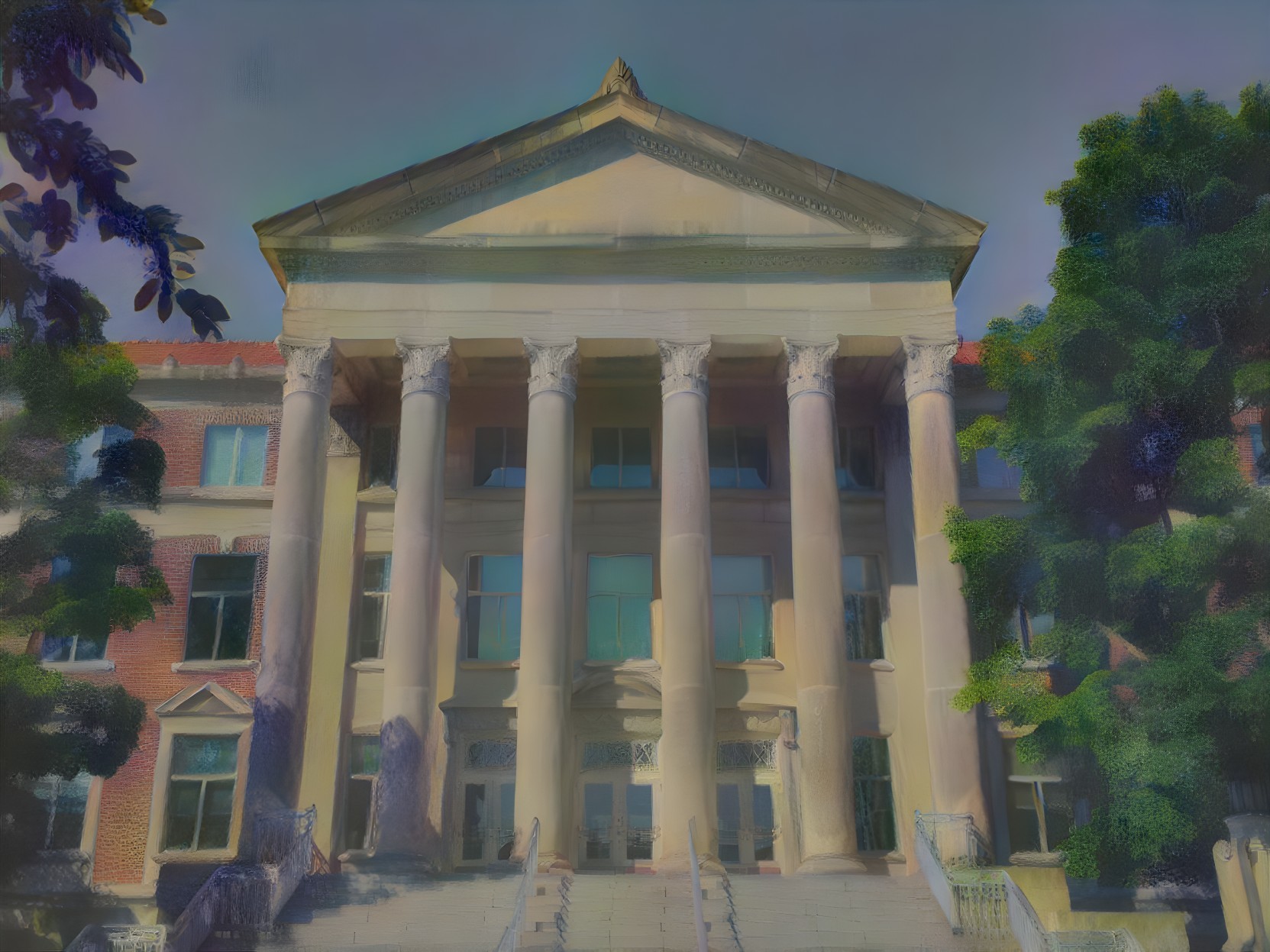 Classical Building with Columns and Lush Surroundings