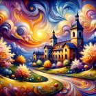 Majestic Cathedral in Vibrant Landscape at Sunset