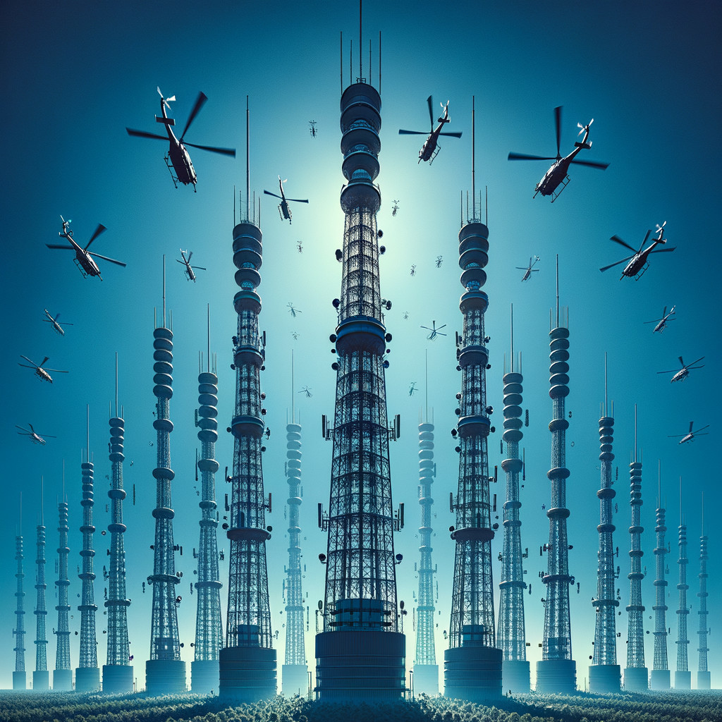 Surreal Landscape with Communication Towers and Drones