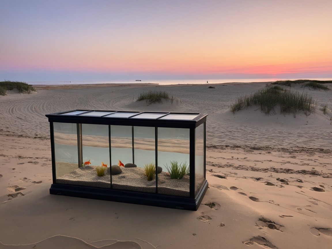 Wide Aquarium on Sunset Beach with Dusk Sky Colors