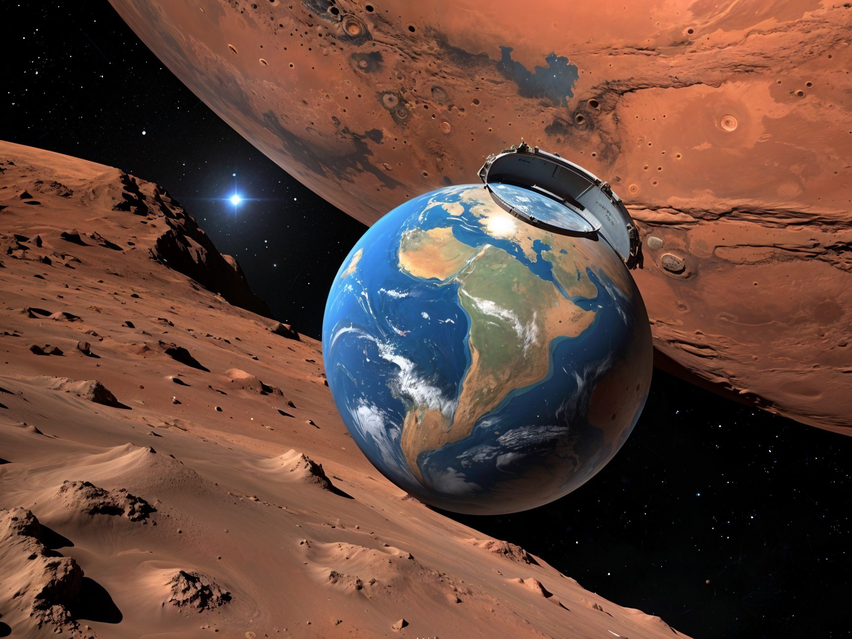 Surreal Space Scene with Earth and Mars Close-Up