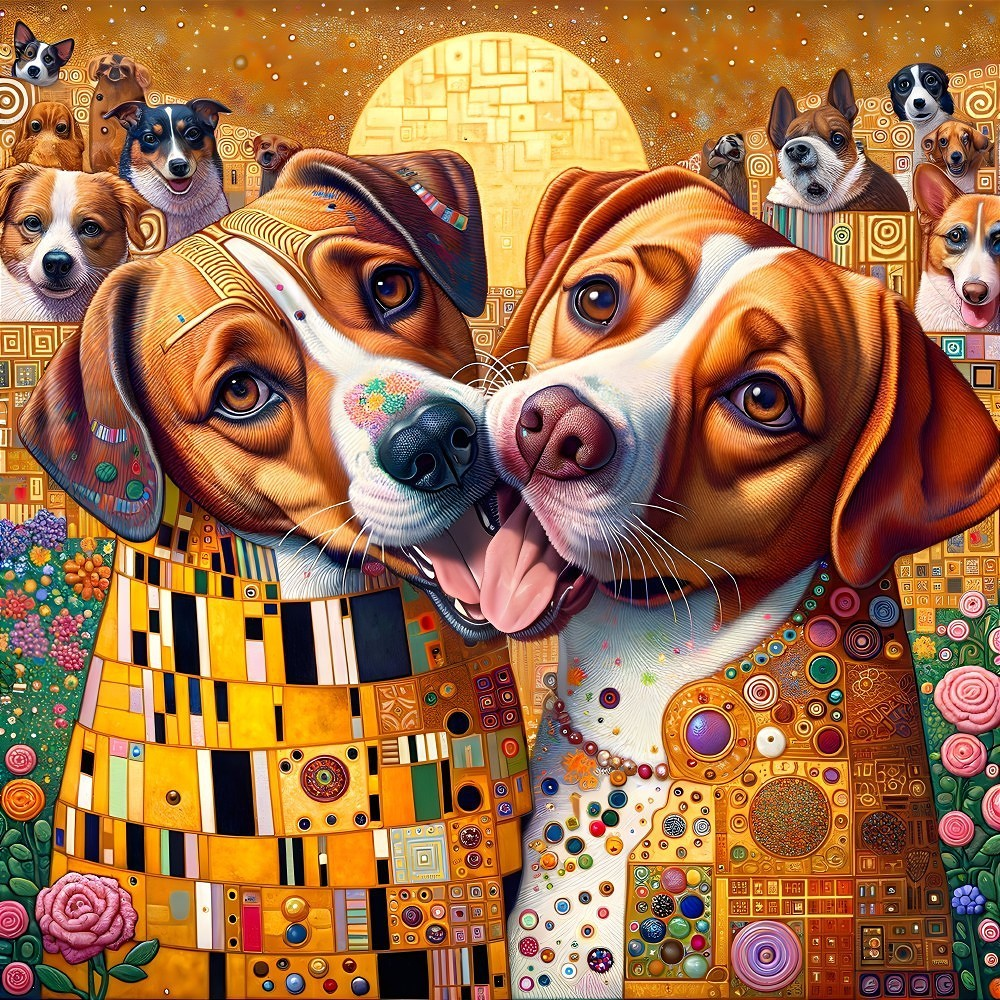 Playful dogs in vibrant, artistic style with patterns