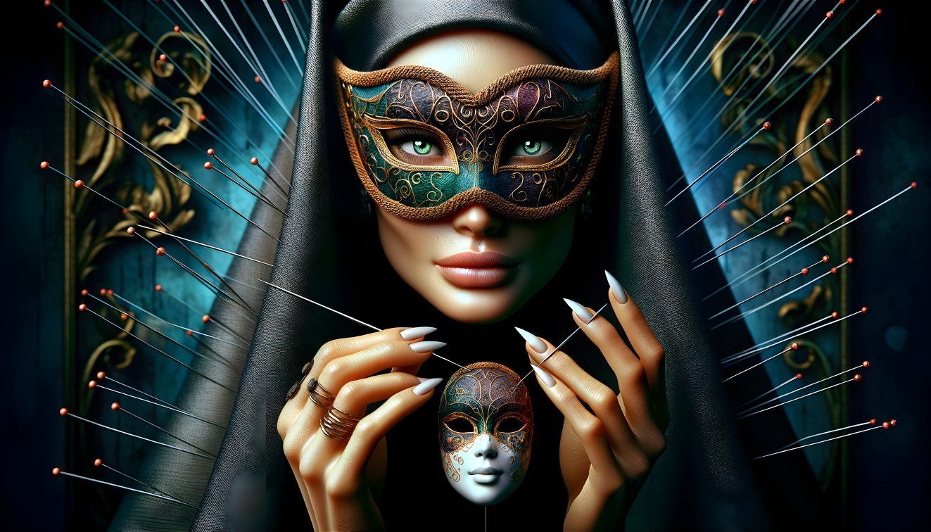 Mysterious figure with ornate mask in dark setting