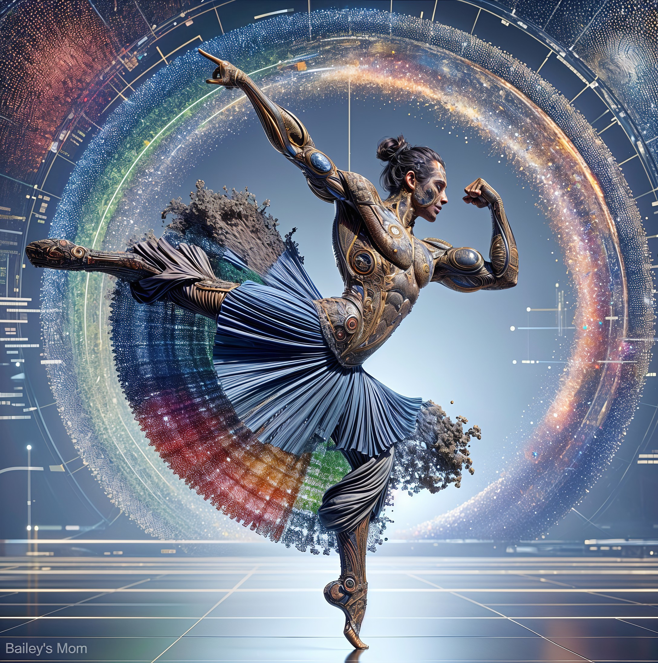 Futuristic Dancer with Robotic Features in Cosmic Scene