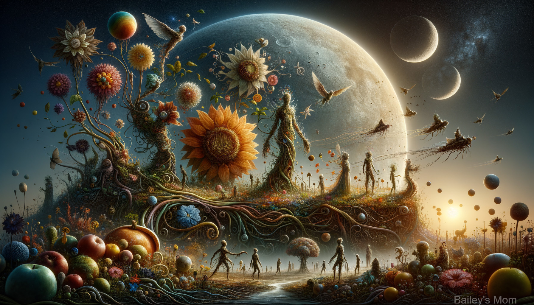 Surreal Landscape with Vibrant Flora and Ethereal Figures